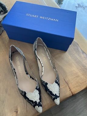 Stuart Weitzman Black & White Snake-Print Pointed Ballet Flats